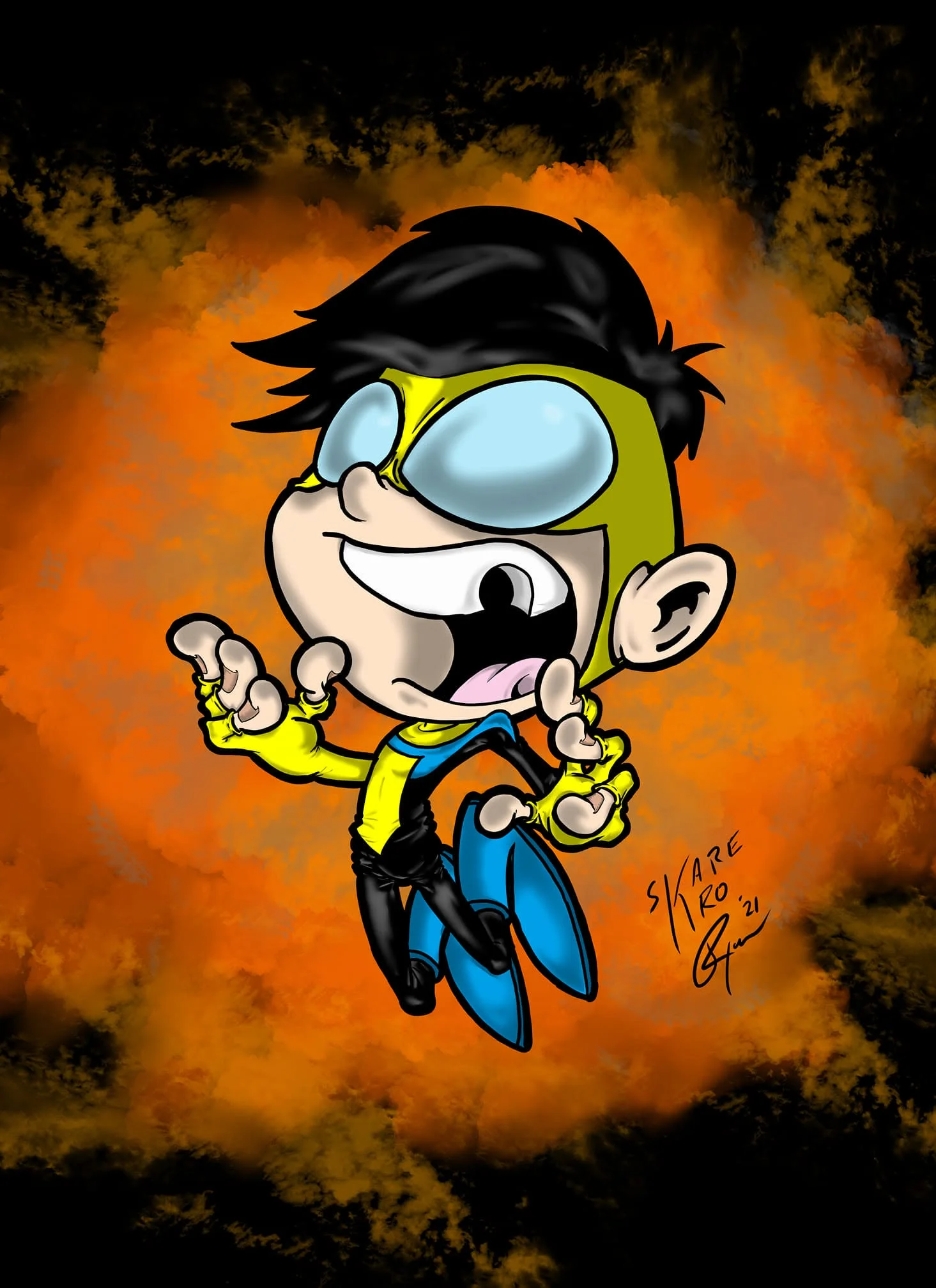 Digital illustration of the SkareKro mascot character, a wide-eyed chibi figure with spiky black hair and a green mask, leaping against a smoky orange background.
